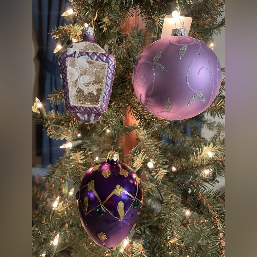 Elegant Purple Holiday Ornament Set. This lot consists of 3 ornaments.